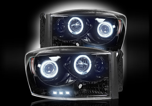 Recon Black Headlights with LED Halo & Daytime 06-08 Dodge Ram - Click Image to Close
